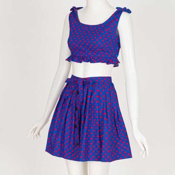 Dresses & Skirts - 1970s Vintage Red & Blue Polka Dot Ruffled Tie-Up Cotton Crop Top Mini Skirt Set
